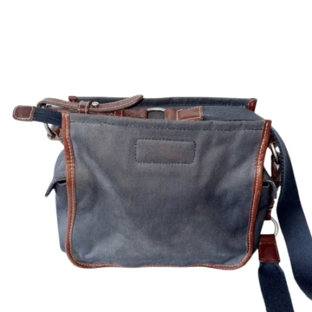 Fossil Vintage Y2K Crossbody Bag Charcoal Gray Canvas & Brown Leather Handbag